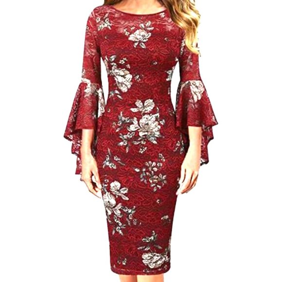 Vfshow Red Floral Lace Bodycon Dress Bell Sleeves Party Prom Dress Size Medium - Picture 12 of 15